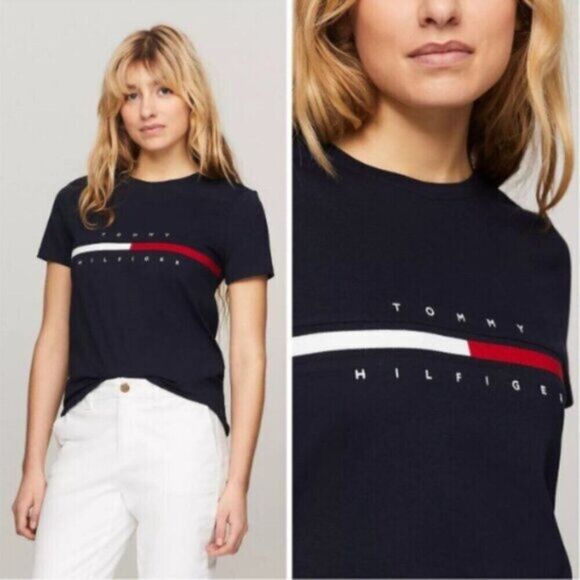 Tommy Hilfiger Women's Signature Stripe Graphic Tee Short Sleeve Crew Neck Small - Picture 1 of 7
